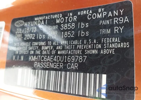 2013 Hyundai Veloster Turbo W/Black z USA, uszkodzony, nr VIN KMHTC6AE4DU169787